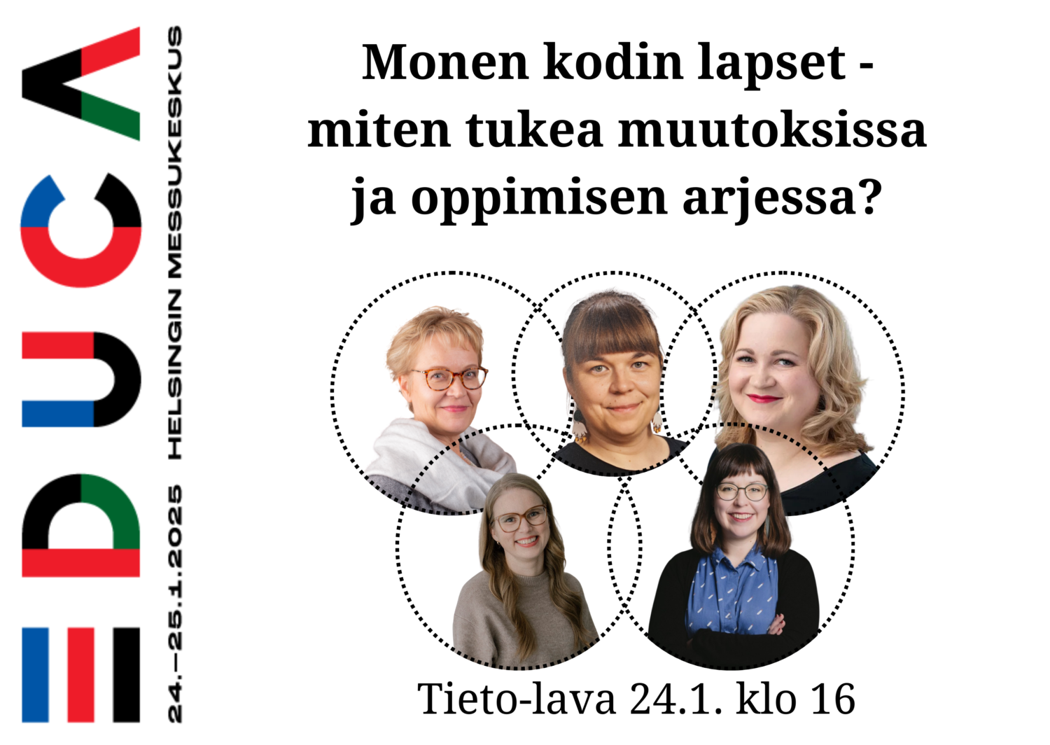 Keskustelijoiden kasvokuvat ja otsikko sekä Educa-tapahtuman logo.